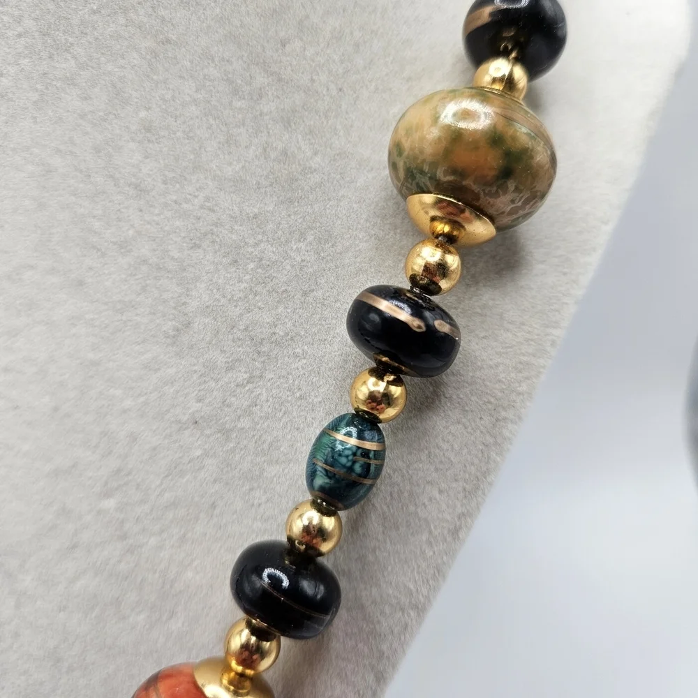 VINTAGE Chunky Gold Swirl Multicolor Resin Beaded Strand Necklace